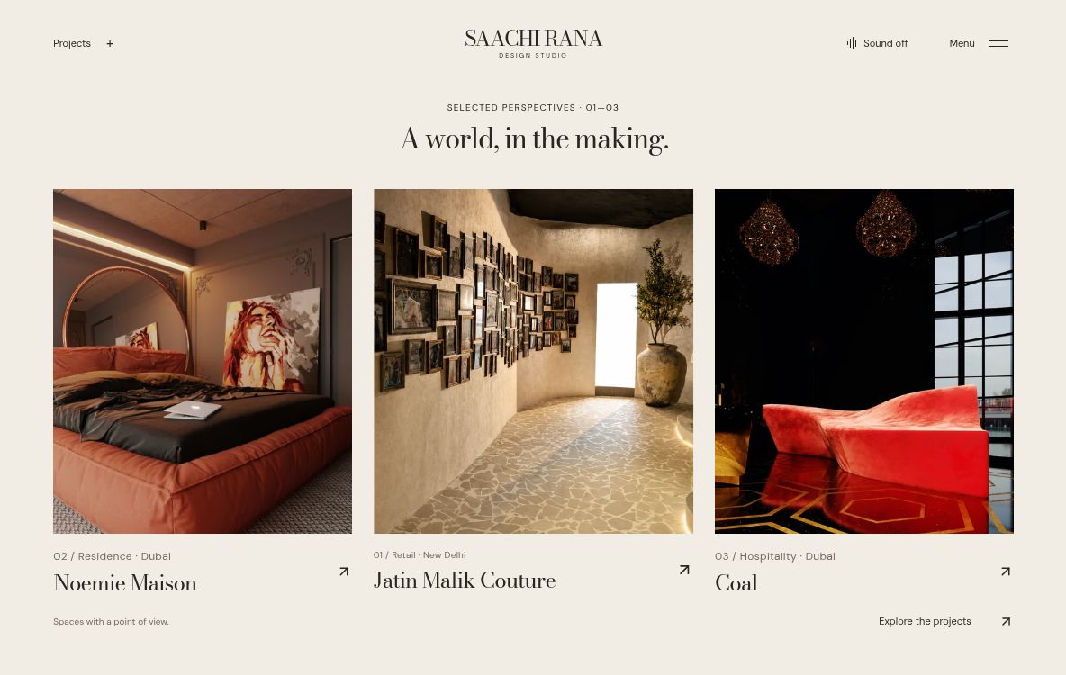 Saachi Rana website collection: three projects arranged with editorial typography and navigation