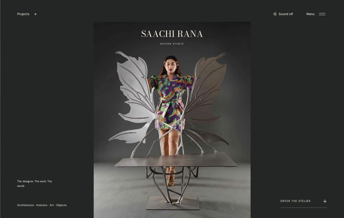 Saachi Rana website opening: portrait, navigation and studio identity